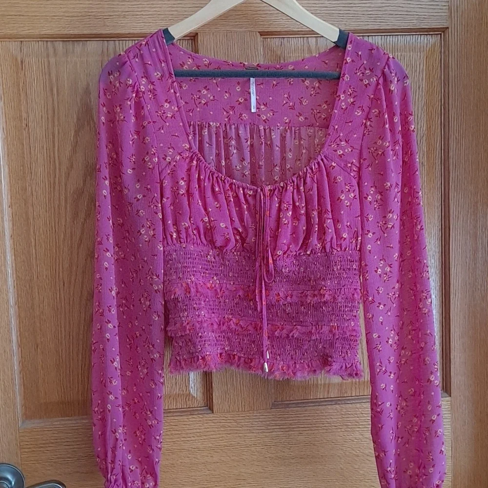 Free People Lolita Smocked Pink Floral Blouse